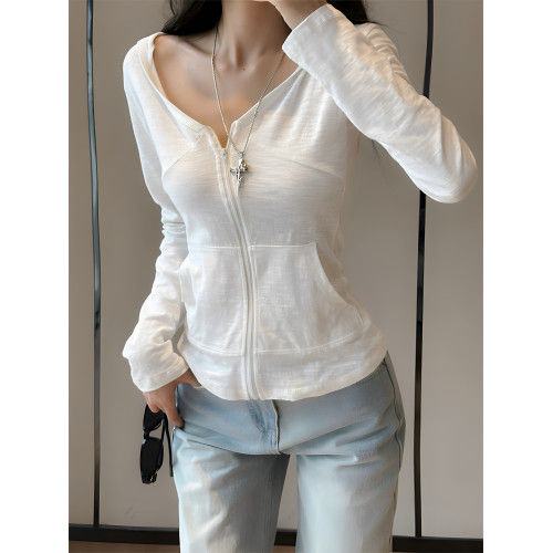 白色v領長袖T恤防曬衫女美式辣妹拉鍊連帽開衫設計感口袋外套上衣