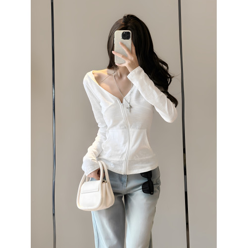 白色v領長袖T恤防曬衫女美式辣妹拉鍊連帽開衫設計感口袋外套上衣