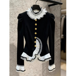 2026新年法式立領荷葉邊襯衫女長袖蕾絲拼接撞色輕熟加絨保暖上衣