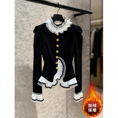 2026新年法式立領荷葉邊襯衫女長袖蕾絲拼接撞色輕熟加絨保暖上衣