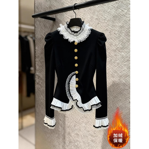 2026新年法式立領荷葉邊襯衫女長袖蕾絲拼接撞色輕熟加絨保暖上衣