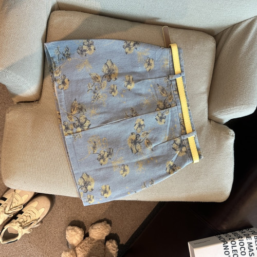 專櫃撤廻剪標復古印花牛仔半身裙女夏季新款配腰帶防走光a字短裙