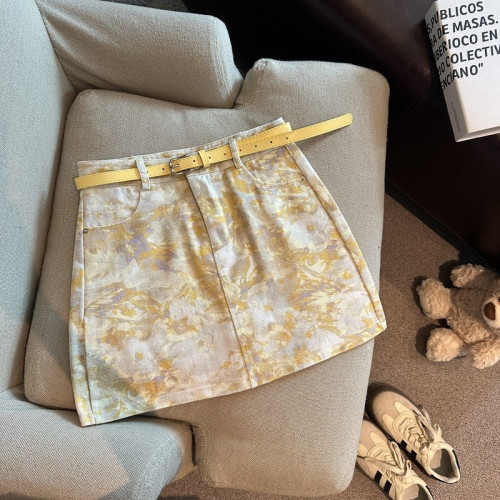 專櫃撤廻剪標復古印花牛仔半身裙女夏季新款配腰帶防走光a字短裙