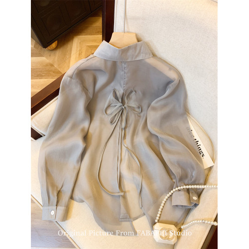 冰絲薄款防曬襯衫女夏2026設計感小衆後背鏤空系帶蝴蝶結襯衣外套