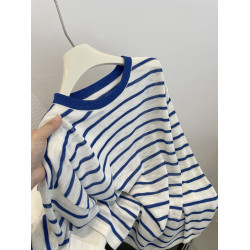 牛X貨 巨炸裂！巨顯白~藍冰絲亞麻條紋防曬衫女慵懶寬鬆針織上衣