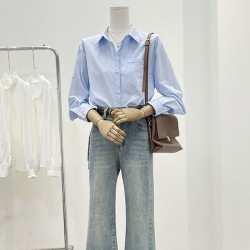 純棉藍色襯衫女早春新款別致漂亮通勤女裝法式高級感輕奢長袖上衣
