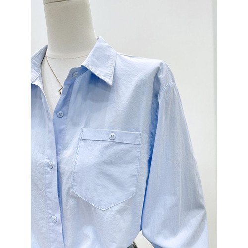 純棉藍色襯衫女早春新款別致漂亮通勤女裝法式高級感輕奢長袖上衣