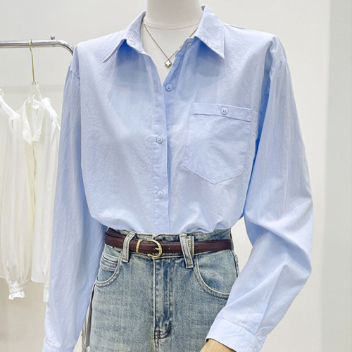 純棉藍色襯衫女早春新款別致漂亮通勤女裝法式高級感輕奢長袖上衣