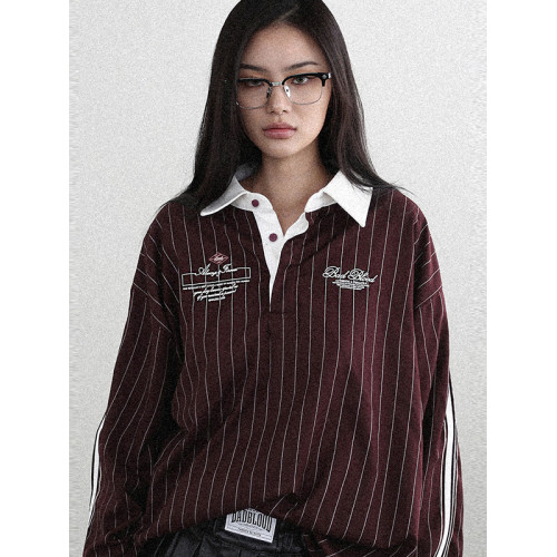 韓國badblood美式復古條紋襯衫女polo繙領學院風長袖襯衣外套上衣