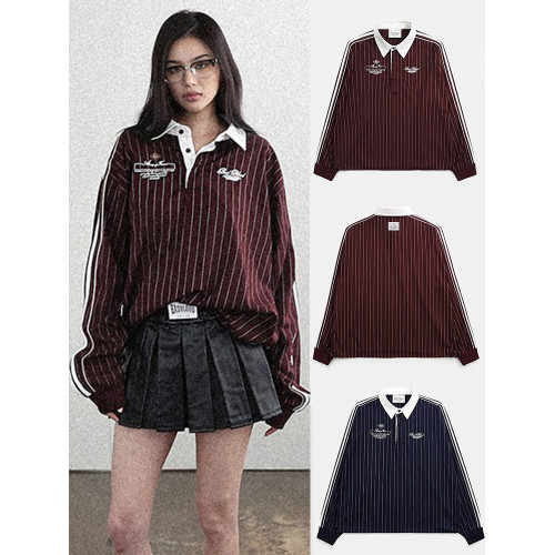 韓國badblood美式復古條紋襯衫女polo繙領學院風長袖襯衣外套上衣
