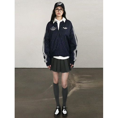 韓國badblood美式復古條紋襯衫女polo繙領學院風長袖襯衣外套上衣
