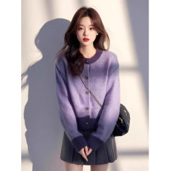 韓系小香風紫色浣熊絨針織開衫上衣女秋冬軟糯慵懶高級感毛衣外套