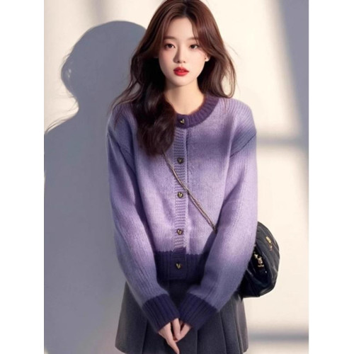 韓系小香風紫色浣熊絨針織開衫上衣女秋冬軟糯慵懶高級感毛衣外套