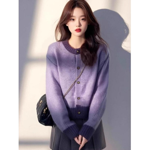 韓系小香風紫色浣熊絨針織開衫上衣女秋冬軟糯慵懶高級感毛衣外套