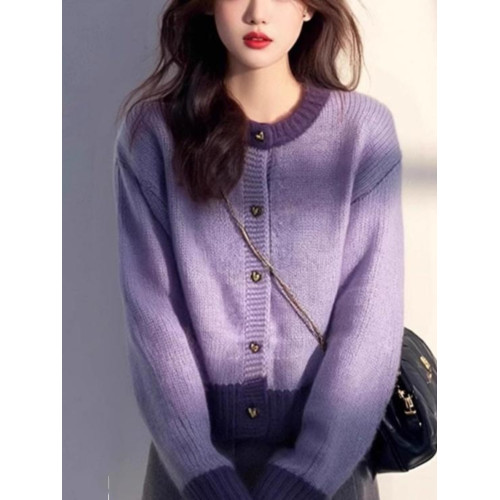 韓系小香風紫色浣熊絨針織開衫上衣女秋冬軟糯慵懶高級感毛衣外套