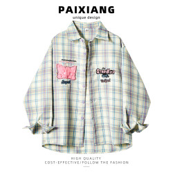 PAIXIANG/格子刺綉長袖襯衫女秋季新款打底衫設計感別致寬鬆襯衣