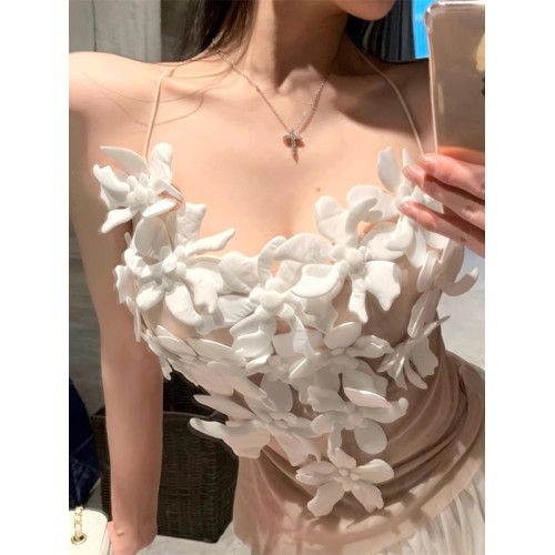 法式精緻高級感立體花朵拼接抹胸吊帶背心女性感辣妹露背掛脖上衣