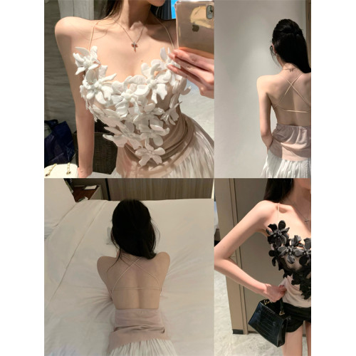 法式精緻高級感立體花朵拼接抹胸吊帶背心女性感辣妹露背掛脖上衣