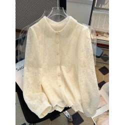 輕奢高定早春法式上衣優雅新品繙領珍珠提花薄款長袖百搭雪紡襯衫