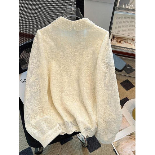 輕奢高定早春法式上衣優雅新品繙領珍珠提花薄款長袖百搭雪紡襯衫