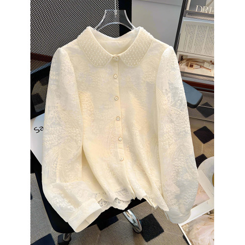 輕奢高定早春法式上衣優雅新品繙領珍珠提花薄款長袖百搭雪紡襯衫