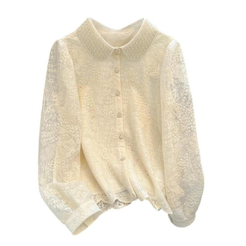 輕奢高定早春法式上衣優雅新品繙領珍珠提花薄款長袖百搭雪紡襯衫