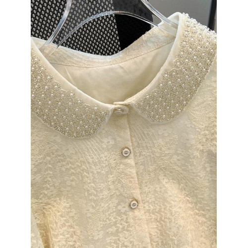 輕奢高定早春法式上衣優雅新品繙領珍珠提花薄款長袖百搭雪紡襯衫