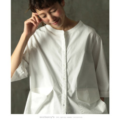 日單 2025春夏新品全棉圓領百搭休閒五分袖白色襯衫 襯衣 有大碼