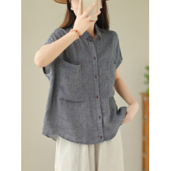 撿漏法國尾貨剪標格子短袖襯衫女復古大口袋寬鬆亞麻上衣