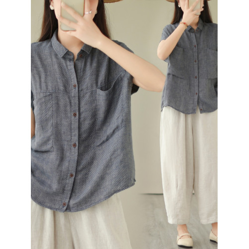 撿漏法國尾貨剪標格子短袖襯衫女復古大口袋寬鬆亞麻上衣 撿漏法國尾貨剪標格子短袖襯衫女復古大口袋寬鬆亞麻上衣