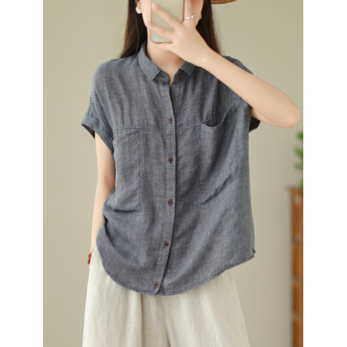 撿漏法國尾貨剪標格子短袖襯衫女復古大口袋寬鬆亞麻上衣 撿漏法國尾貨剪標格子短袖襯衫女復古大口袋寬鬆亞麻上衣