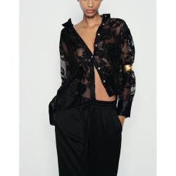 ZA女裝秋季新品氣質時尚寬鬆燒花印花半透明薄襯衫長袖 7484156