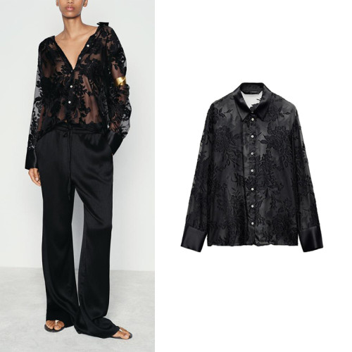 ZA女裝秋季新品氣質時尚寬鬆燒花印花半透明薄襯衫長袖 7484156