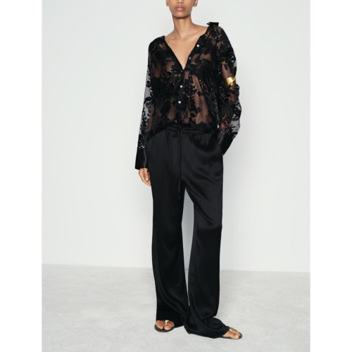 ZA女裝秋季新品氣質時尚寬鬆燒花印花半透明薄襯衫長袖 7484156