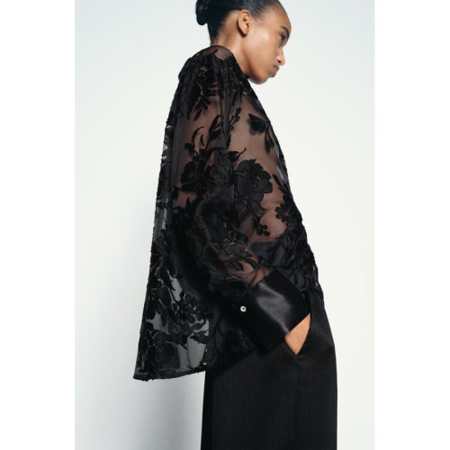 ZA女裝秋季新品氣質時尚寬鬆燒花印花半透明薄襯衫長袖 7484156