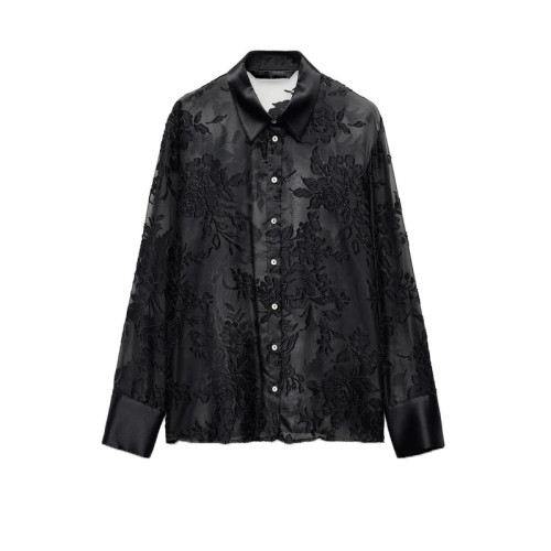 ZA女裝秋季新品氣質時尚寬鬆燒花印花半透明薄襯衫長袖 7484156