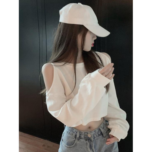 性感露肩長袖T恤女小心機2024年新款春裝ins寬鬆時尚白色上衣服潮