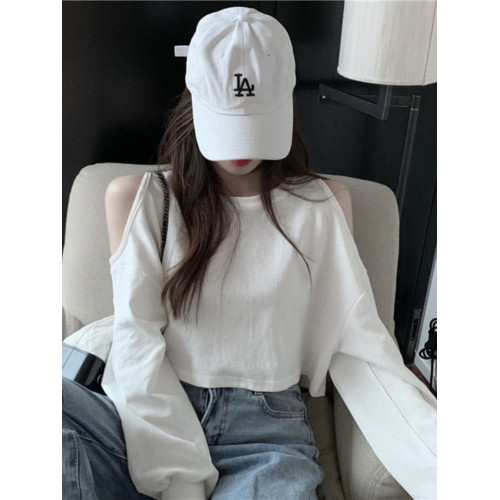 性感露肩長袖T恤女小心機2024年新款春裝ins寬鬆時尚白色上衣服潮