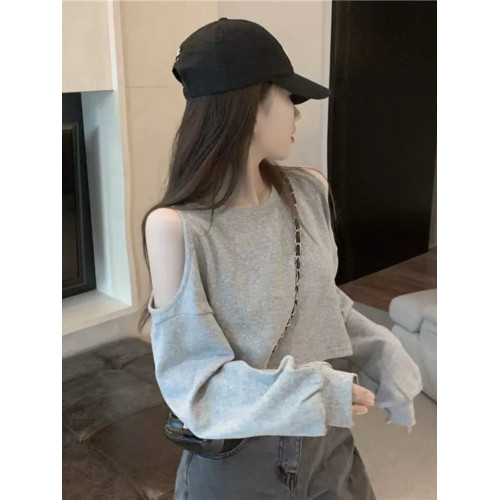 性感露肩長袖T恤女小心機2024年新款春裝ins寬鬆時尚白色上衣服潮