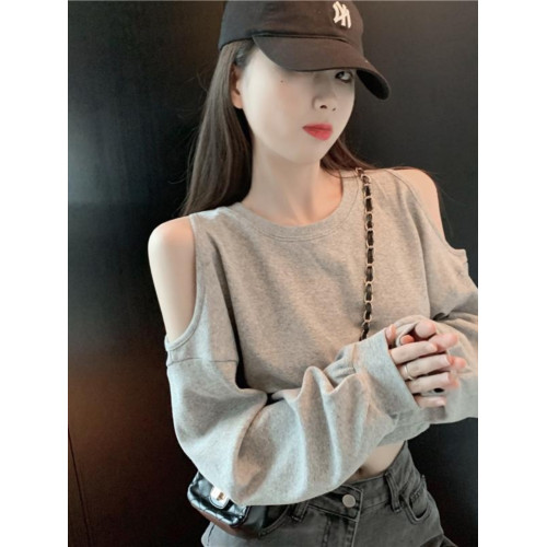 性感露肩長袖T恤女小心機2024年新款春裝ins寬鬆時尚白色上衣服潮