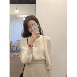 法式復古高級感洋氣氣質簡約百搭長袖圓領泡泡袖純色襯衫上衣女潮