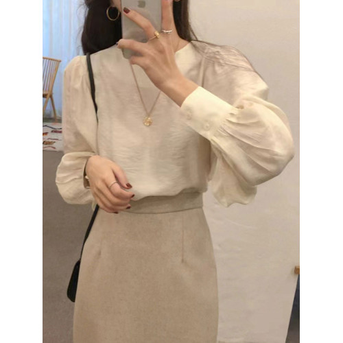 法式復古高級感洋氣氣質簡約百搭長袖圓領泡泡袖純色襯衫上衣女潮