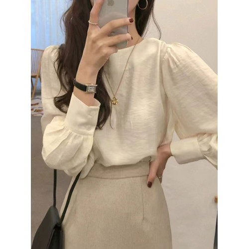 法式復古高級感洋氣氣質簡約百搭長袖圓領泡泡袖純色襯衫上衣女潮