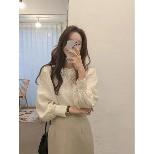 法式復古高級感洋氣氣質簡約百搭長袖圓領泡泡袖純色襯衫上衣女潮