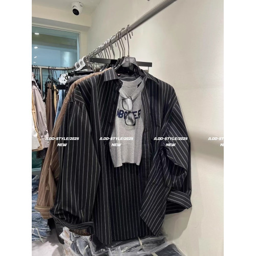 韓國東大門秋季新款復古氣質咖色條紋長袖襯衫女慵懶寬鬆休閒上衣