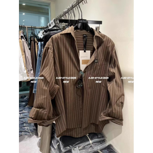 韓國東大門秋季新款復古氣質咖色條紋長袖襯衫女慵懶寬鬆休閒上衣