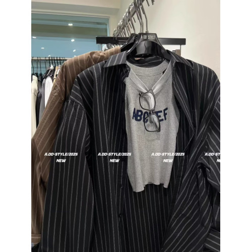 韓國東大門秋季新款復古氣質咖色條紋長袖襯衫女慵懶寬鬆休閒上衣