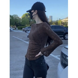 超好看提花微透蕾絲打底衫女長袖2025新款夏季不規則顯瘦絕美上衣