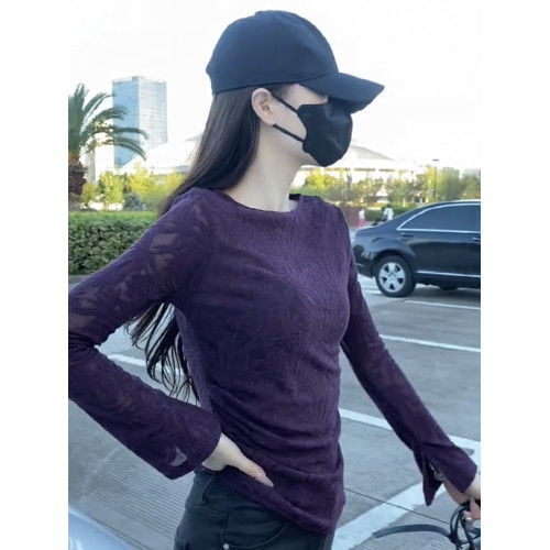 超好看提花微透蕾絲打底衫女長袖2025新款夏季不規則顯瘦絕美上衣