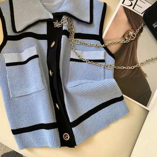 專櫃撤廻剪標小香風POLO領吊帶背心女夏季新款高級感洋氣短款上衣